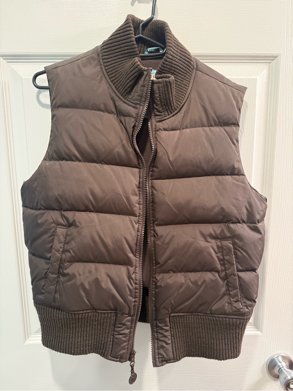 Women’s Brown Puffer Vest with Rib Knit Collar